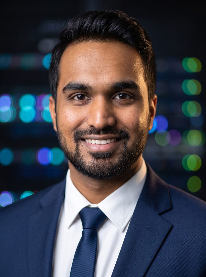 AI headshot of an IT engineer against an out-of-focus server room