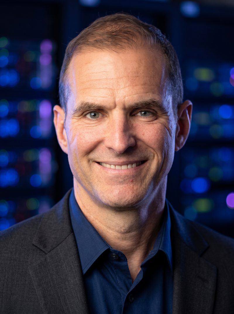 AI headshot of a software executive against a dark server room