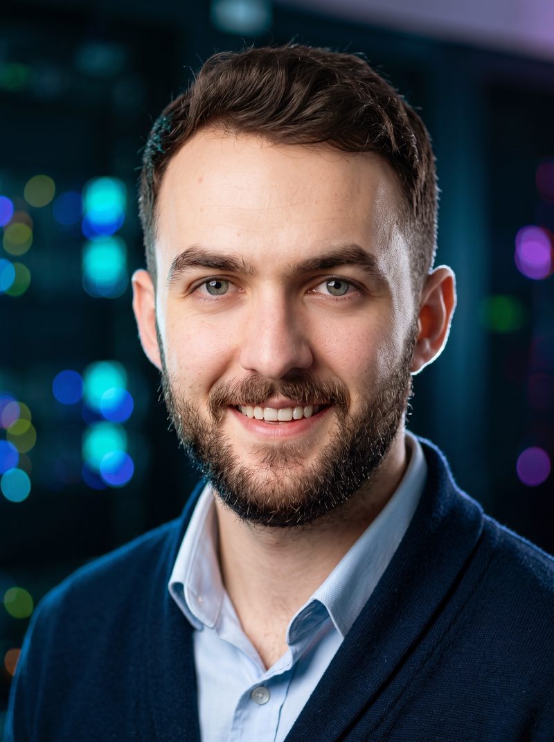 AI headshot of a tech professional against a dark server room background
